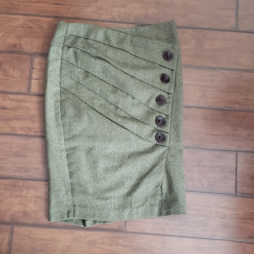 Anthropologie green herringbone skirt with leather